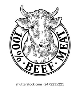 Cows head. 100 percent beef meat lettering. Vintage vector engraving illustration for label. Hand drawn in a graphic style.