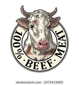 Cabeza de vaca. Letras 100% de carne de res. Ilustración de grabado de Vector de Antiguas para etiqueta. Dibujado a mano en un estilo gráfico.