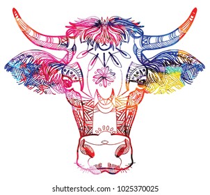 The cow's head. A cow with big horns and fluffy ears. Drawing manually in vintage style. Meditative coloring. Coloring for children. Arrows, points, patterns, waves.