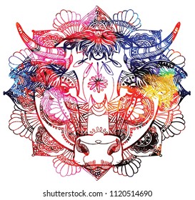 The cow's head. A cow with big horns and fluffy ears. Drawing manually in vintage style. Meditative coloring. Coloring for children. Arrows, points, patterns, waves.