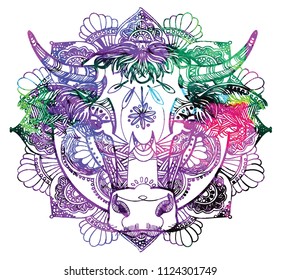 The cow's head. A cow with big horns and fluffy ears. Drawing manually in vintage style. Meditative coloring. Coloring for children. Arrows, points, patterns, waves.