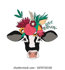 
Cow's head is flowered, Lush bright wreath on a cow's head, Symbol of India, Pet, Cattle, Cute cow in a wreath, Vector illustration of hand draw, Feshin symbol of the new year.