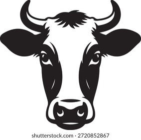 La ilustración de la cabeza de vaca presenta cuernos curvos y una expresión tranquila, representada en un simple diseño en blanco y negro mirando directamente hacia adelante.