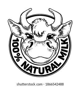 Cows head. Natural Milk. Dairy farm. Vintage vector engraving illustration for label, poster, logotype. Isolated on white background