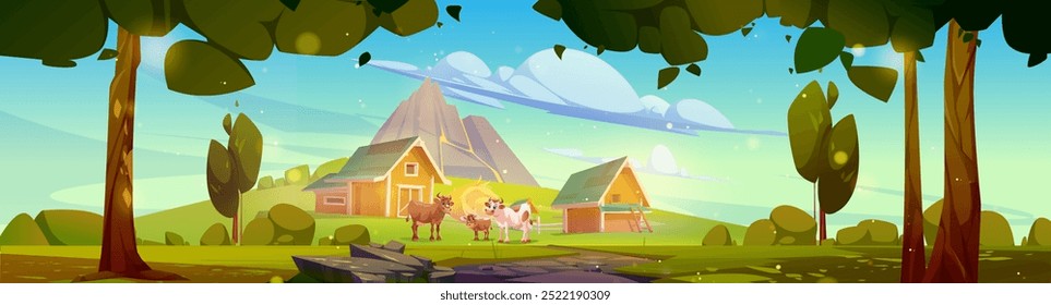 Cows and herd eating on pasture near farm with red barn building and haystack, rocky mountain on background, green lawn on hills and blue sunny sky. Carton vector village landscape with cattle animals