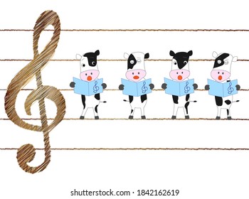 Cows are holding a concert to celebrate the 2021 New Year. The meaning of the Japanese text is Happy New Year and I look forward to working with you again this year.