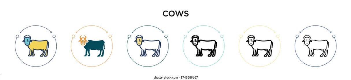Cows icon in filled, thin line, outline and stroke style. Vector illustration of two colored and black cows vector icons designs can be used for mobile, ui, web