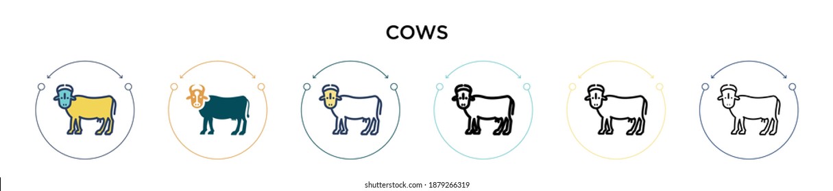 Cows icon in filled, thin line, outline and stroke style. Vector illustration of two colored and black cows vector icons designs can be used for mobile, ui, web