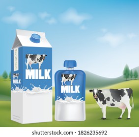 Cows live on natural pastures, packaging with milk packs.