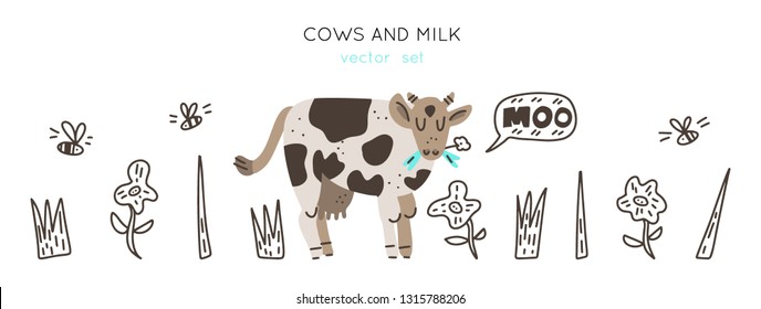 Cows and milk collection of hand drawn vector elements. Illustration made in doodle style. Set of objects for package, merch and other design. Vector Horizontal header web template.