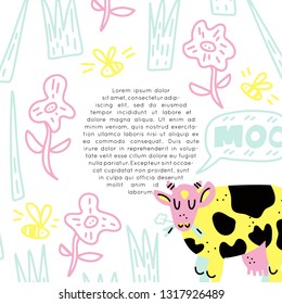 Cows and milk collection of hand drawn vector elements. Illustration made in doodle style, round frame. Vector handdrawn isolated circle concept. Set of objects for package, merch and other design. 