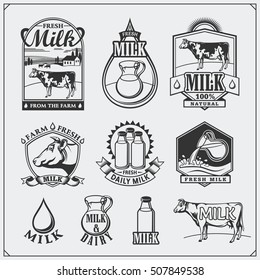 Cow's milk labels, emblems, icons and design elements. Fresh milk from the farm.