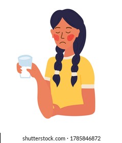 cow's milk protein allergy. Red cheeks with rash. Lactose intolerance. milk is forbidden. Girl holding a glass of milk in her hands. Cartoon vector illustration isolated on white
