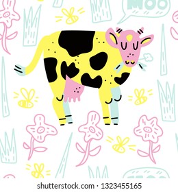 Cows and milk seamless pattern.Background made from hand drawn vector elements. Set of food objects for package, merch and other design.