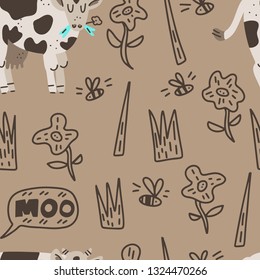 Cows and milk seamless pattern.Background made from hand drawn vector elements. Set of food objects for package, merch and other design.