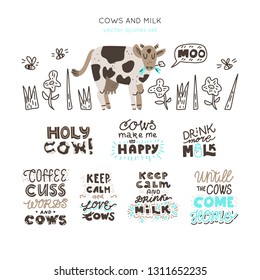 Cows and milk vector elements.Hand drawn motivational lettering quotes collection. Bundle of positive motivation posters. Set of objects for package, merch and other design. 