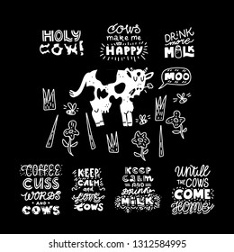 Cows and milk vector elements.Hand drawn motivational lettering quotes collection. Bundle of positive motivation posters. Set of objects for package, merch and other design. 