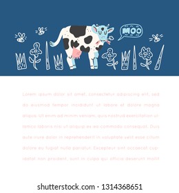 Cows and milk vector frame with drawings and place for your text. Flat style isolated illustration. Premade design made in doodle style. Set of objects for package, merch and other design. 