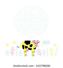 Cows and milk vector frame with drawings and place for your text. Flat style isolated illustration. Premade design made in doodle style. Set of objects for package, merch and other design. 