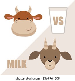 Cow's milk versus goat's milk. Glass of milk. Vector