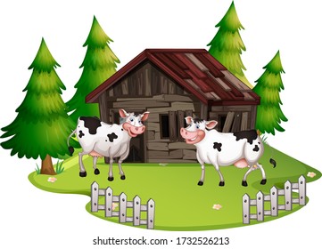 Cows at old wooden house illustration