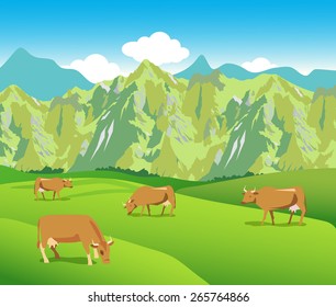 Cows On The Alpine Meadows. Mountains Range And Green Valley. Background For Label, Sticker, Print, Packing, Web. Landscape Vector Background. Cows For Sale. Cows Toys. Cows Mooing.