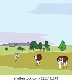 Cows on the farm field vector illustration with green grass and farm house on the backyard