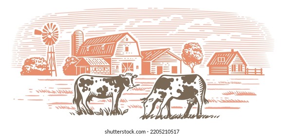 Cows on farm. Hand drawn sketch livestock