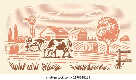 Cows on fram meadow vector. Hand drawn sketch livestock