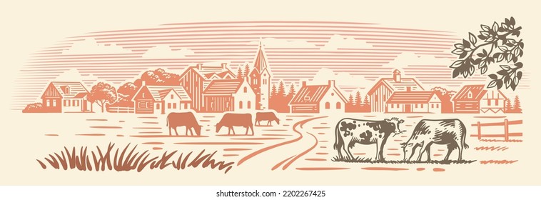 Cows on fram meadow vector. Hand drawn sketch livestock