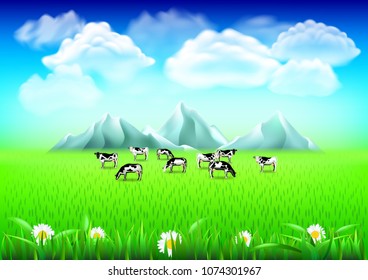 Cows on green field 3d realistic vector background