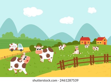 Vacas en prado verde. Paisaje agrícola, vaca caminando en la naturaleza. Personajes divertidos de granja de leche, aldea o campo y camión, escena de Vector con clase