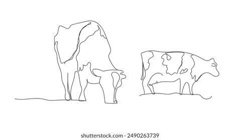 Cows on pasture in One continuous line drawing. Milk calf animal grazing symbol and beef meat farm concept in simple linear style. Editable stroke. Doodle vector illustration