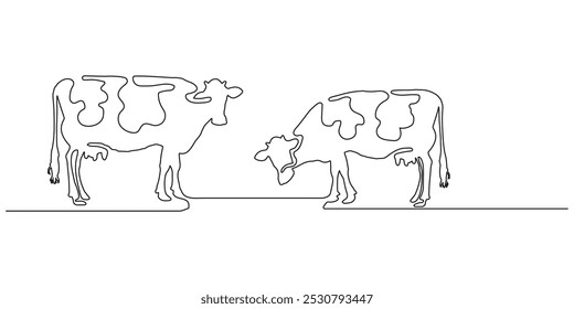 Vacas em pastagem em um desenho de linha contínua. Símbolo de pastoreio de vitelo de leite e conceito de fazenda de carne bovina em estilo linear simples. ilustração vetorial.