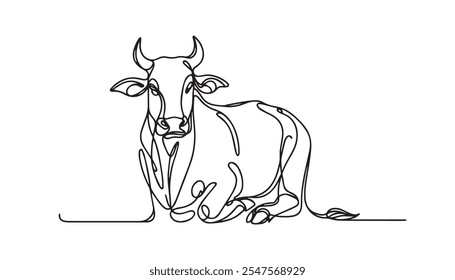 Vacas em pastagem em um desenho de linha contínua. Símbolo de pastoreio de vitelo leiteiro e conceito de exploração de carne de bovino em estilo linear simples. Traçado editável. Ilustração de vetor de rabiscar 