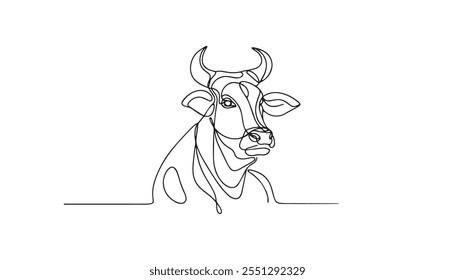 Cows on pasture in One continuous line drawing. Milk calf animal grazing symbol and beef meat farm concept in simple linear style. Editable stroke.