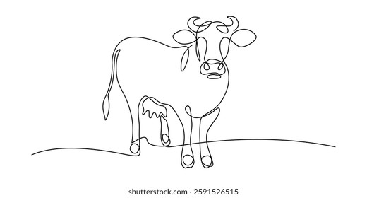 Cows on pasture in One continuous line drawing. Milk calf animal grazing symbol and beef meat farm concept in simple linear style. Editable stroke. Doodle vector illustration