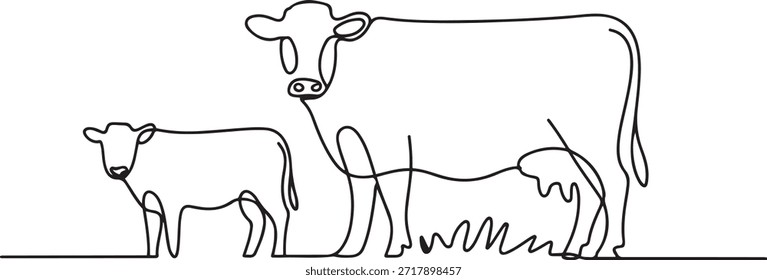 Vacas em pastagem em um desenho de linha contínua. Símbolo de pastoreio de vitelo leiteiro e conceito de exploração de carne de bovino em estilo linear simples. Traçado editável. Desenho de ícone de uma linha
