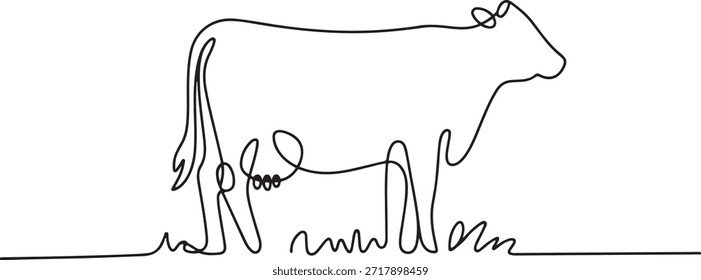 Vacas en pasto en un dibujo de línea continua. Símbolo de pastoreo de animales de becerro de leche y concepto de granja de carne de res en estilo lineal simple. Trazo editable. una línea Dibujo de iconos
