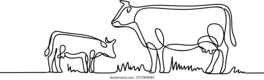 Vacas en pasto en un dibujo de línea continua. Símbolo de pastoreo de animales de becerro de leche y concepto de granja de carne de res en estilo lineal simple. Trazo editable. una línea Dibujo de iconos

