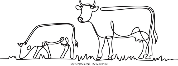 Vacas em pastagem em um desenho de linha contínua. Símbolo de pastoreio de vitelo leiteiro e conceito de exploração de carne de bovino em estilo linear simples. Traçado editável. Desenho de ícone de uma linha
