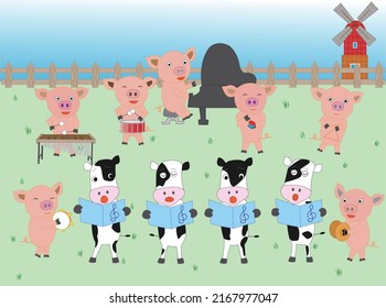 Cows and pigs are singing songs and playing musical instruments.