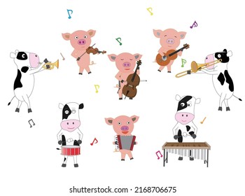 Cows and pigs are singing songs and playing musical instruments.