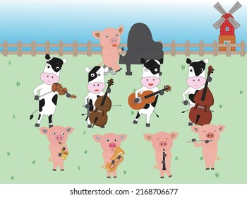 Cows and pigs are singing songs and playing musical instruments.