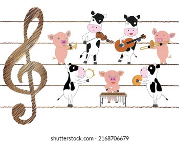 Cows and pigs are singing songs and playing musical instruments.