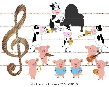 Cows and pigs are singing songs and playing musical instruments.