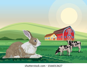 cows and rabbit in the landscape scene vector illustration design