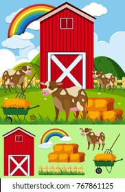 Cows and red barn in the farmyard illustration