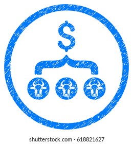 Cows Result Dollar grainy textured icon inside circle for overlay watermark stamps. Flat symbol with scratched texture. Circled vector blue rubber seal stamp with grunge design.