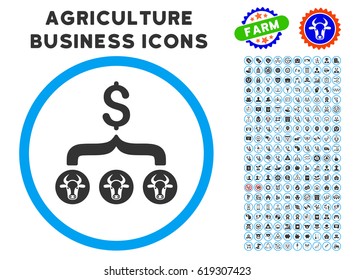 Cows Result Dollar rounded icon with agriculture commercial icon set. Vector illustration style is a flat iconic symbol inside a circle, blue and gray colors. Designed for web and software interfaces.